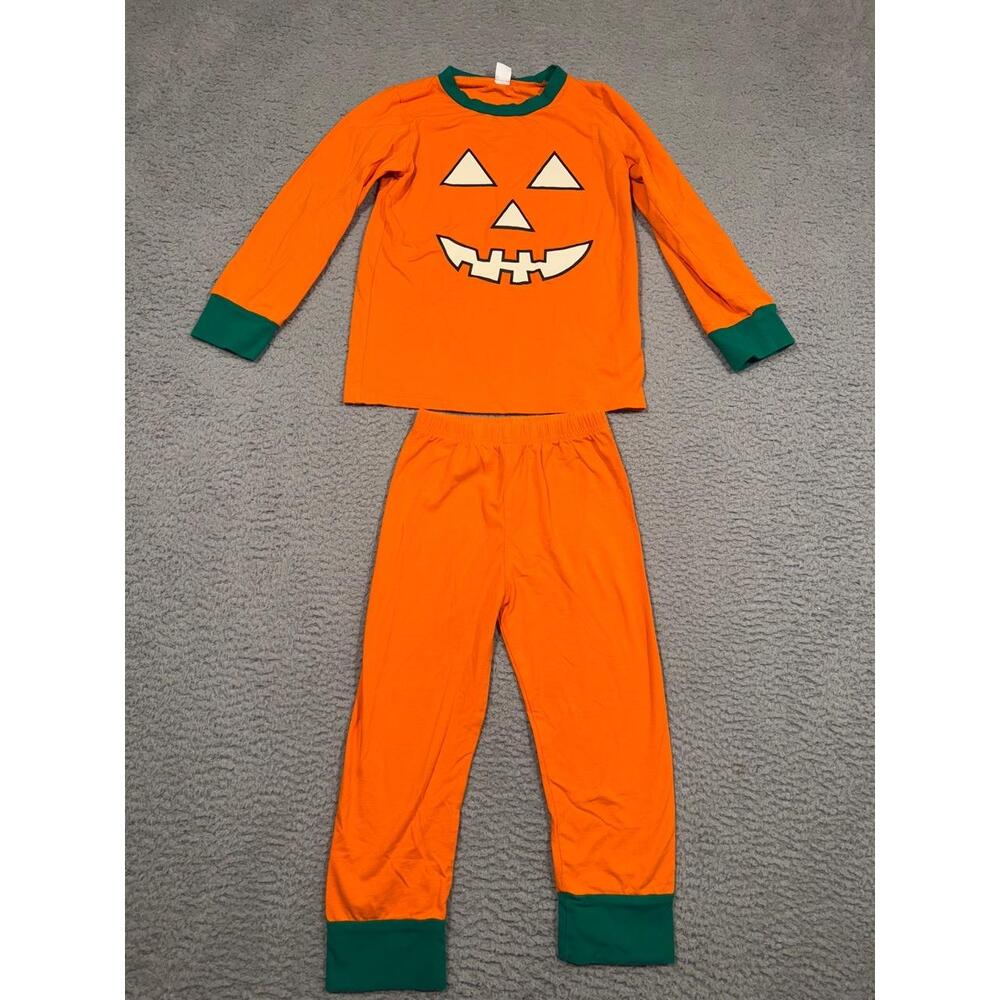 Kids Pajama Set Size 7 Orange Green Pumpkin Jack O Lantern Halloween Sleepwear